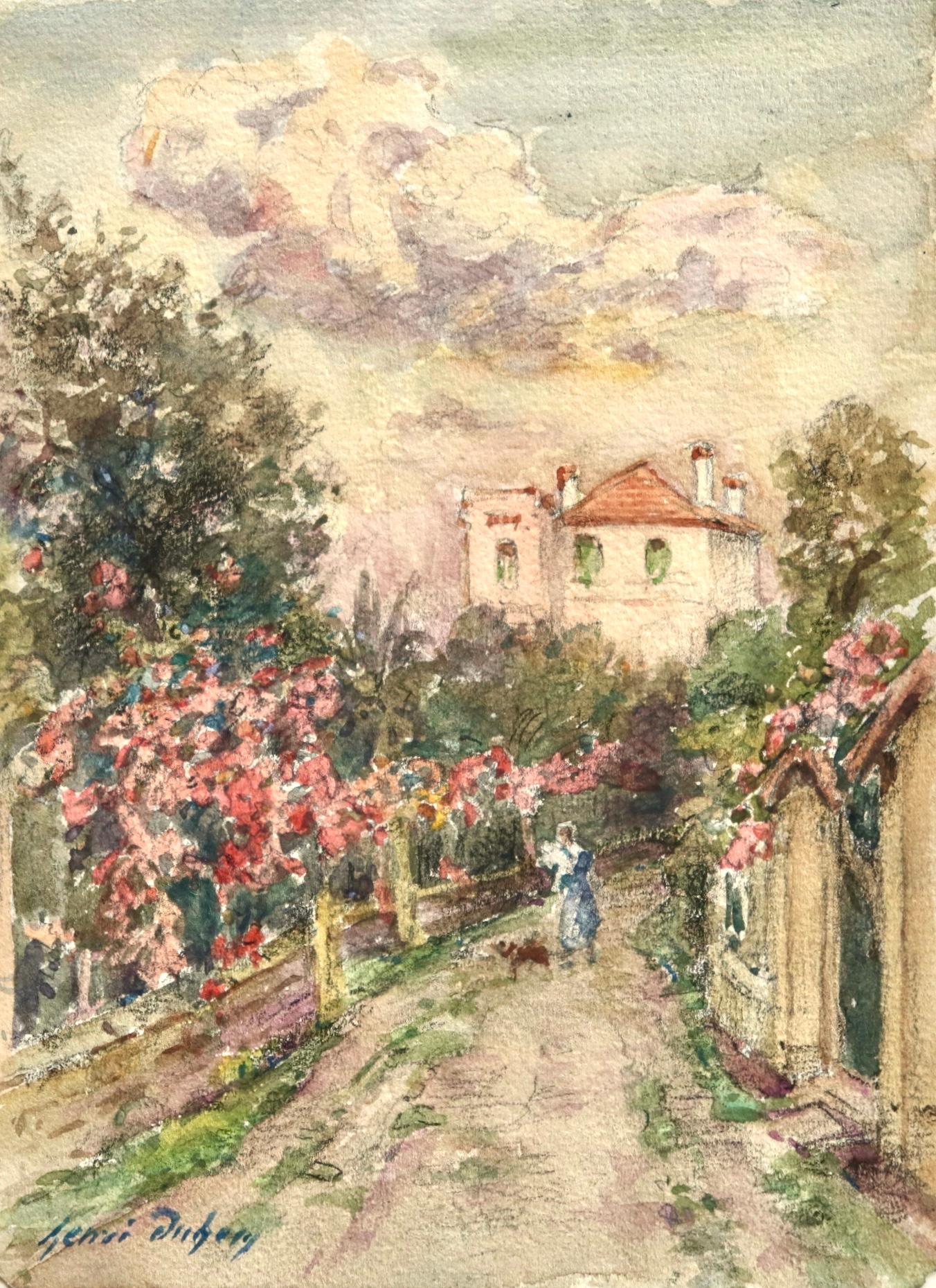 Henri Duhem Landscape Painting - Une promenade un jour d'été - Impressionist Watercolour, Landscape by H Duhem