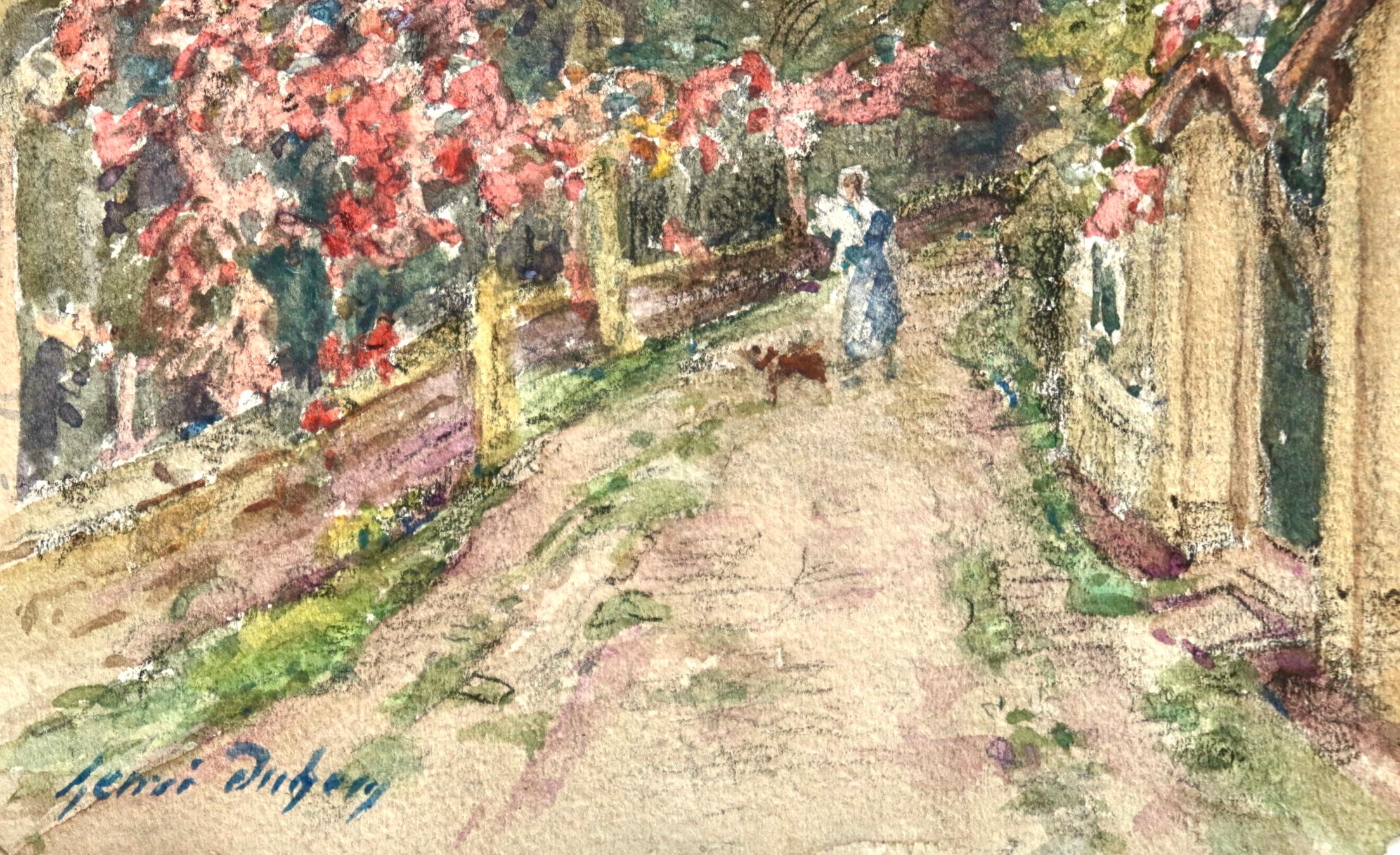 Une promenade un jour d'été - Impressionist Watercolour, Landscape by H Duhem - Painting by Henri Duhem