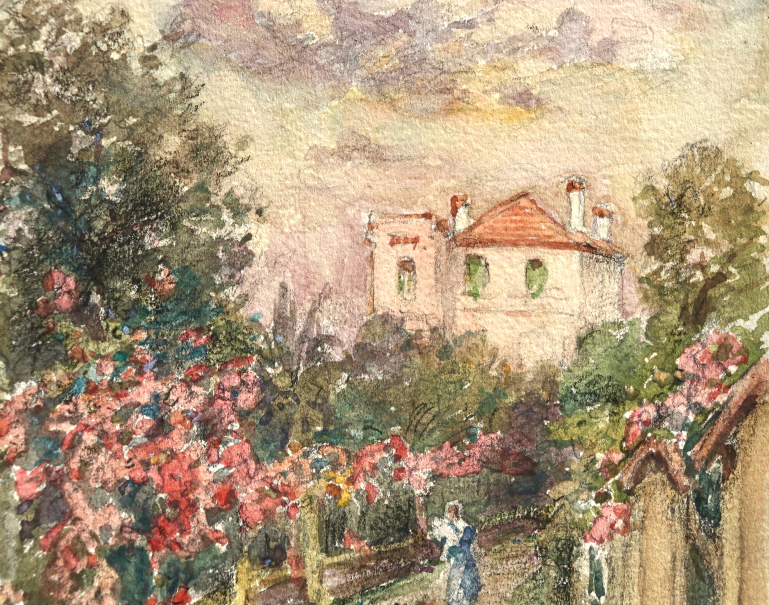 Watercolour on paper circa 1925 by French Impressionist painter Henri Duhem depicting a woman taking a walk with her dog along a path on a summer's day - pink flowers overflow form the walls and fence. Signed lower left. This piece is not currently