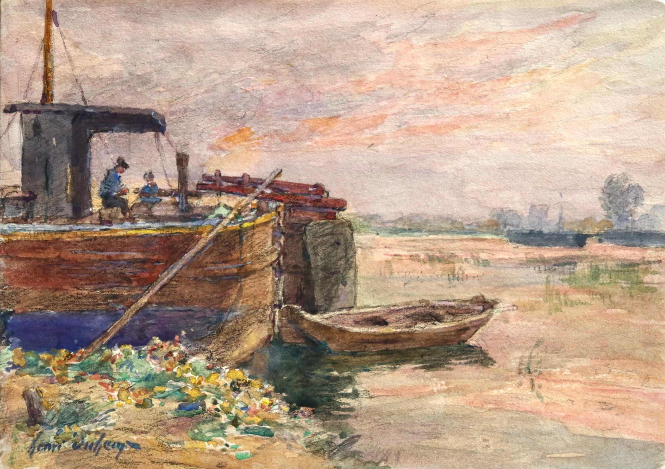 Henri Duhem Landscape Art - Fishing boat at sunset - Impressionist Watercolour, Boat in Riverscape - H Duhem