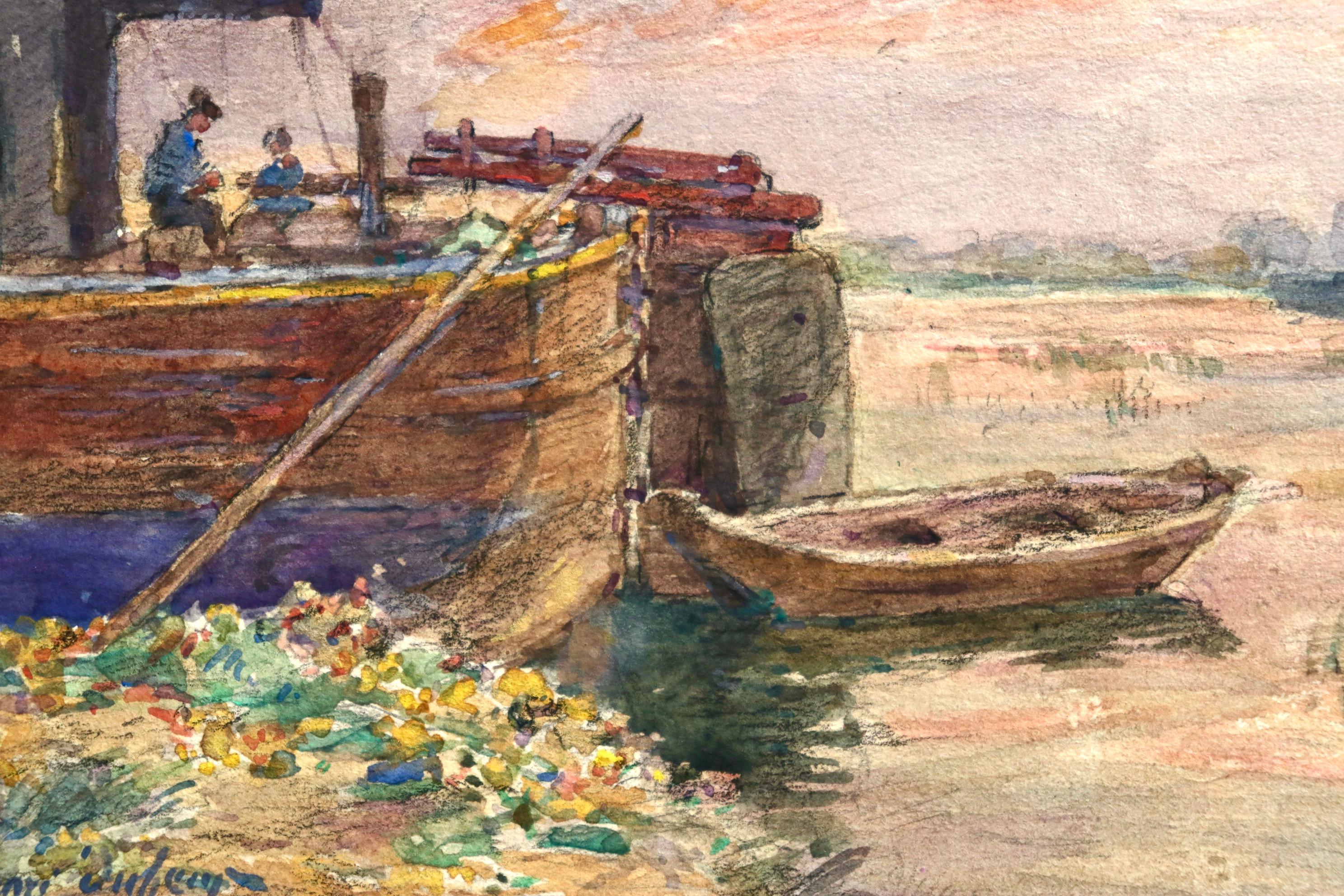 Fishing boat at sunset - Impressionist Watercolour, Boat in Riverscape - H Duhem - Beige Landscape Art by Henri Duhem