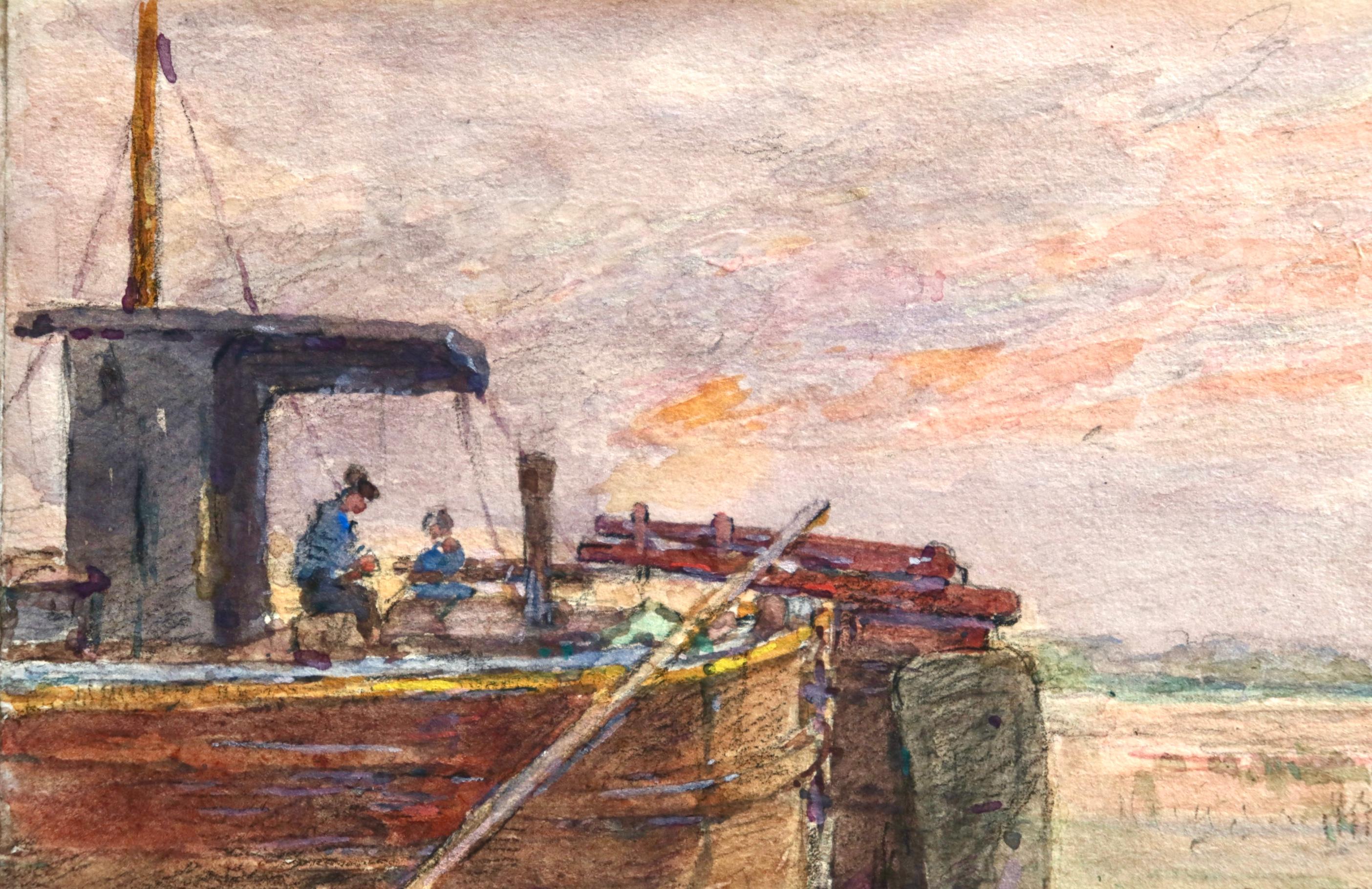 Watercolour on paper circa 1925 by French Impressionist painter Henri Duhem two people sitting on a fishing boat as the pink of the sunset reflects in the water. Signed lower left. This piece is not currently framed but a suitable frame can be