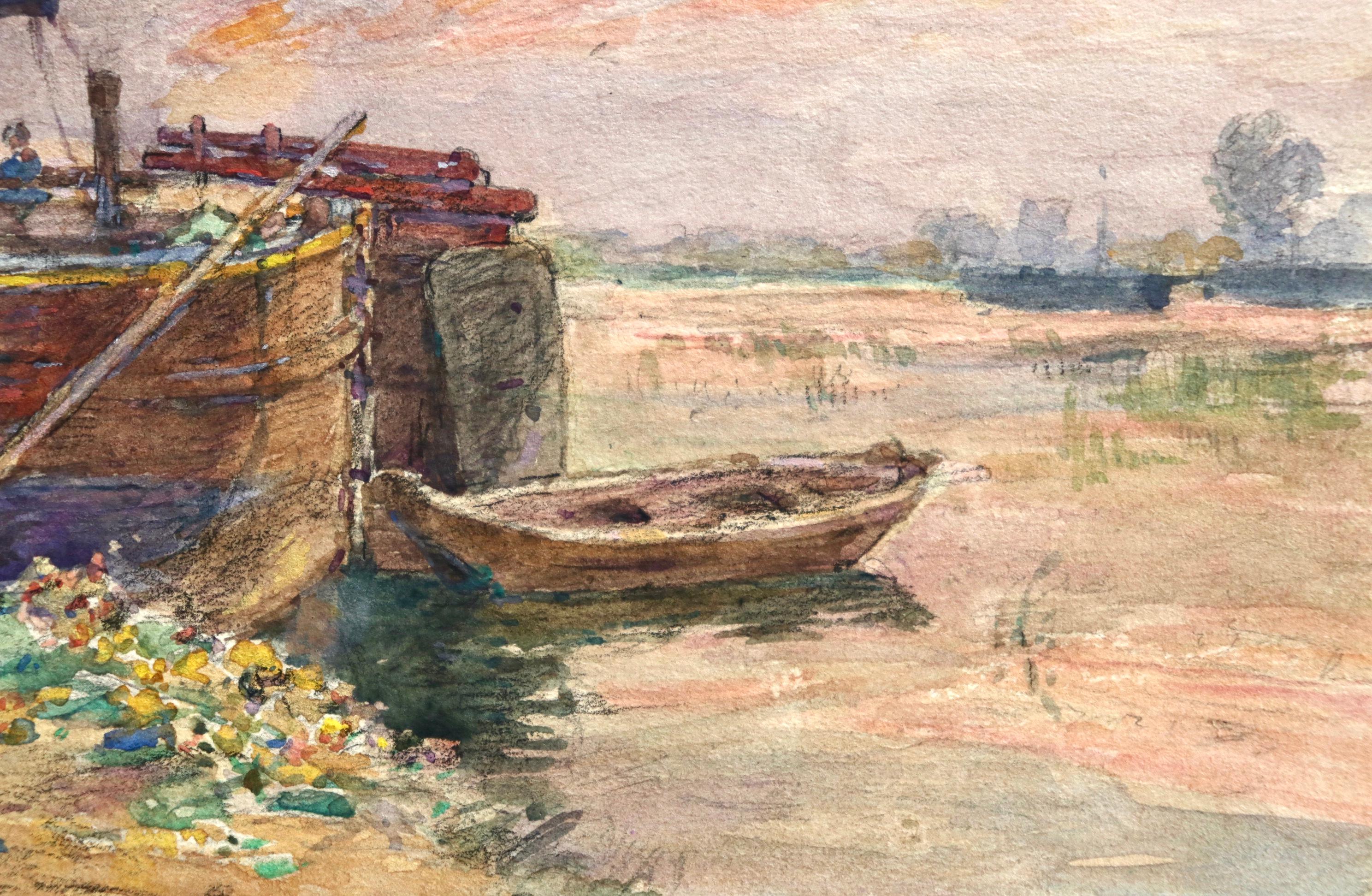 Fishing boat at sunset - Impressionist Watercolour, Boat in Riverscape - H Duhem 1