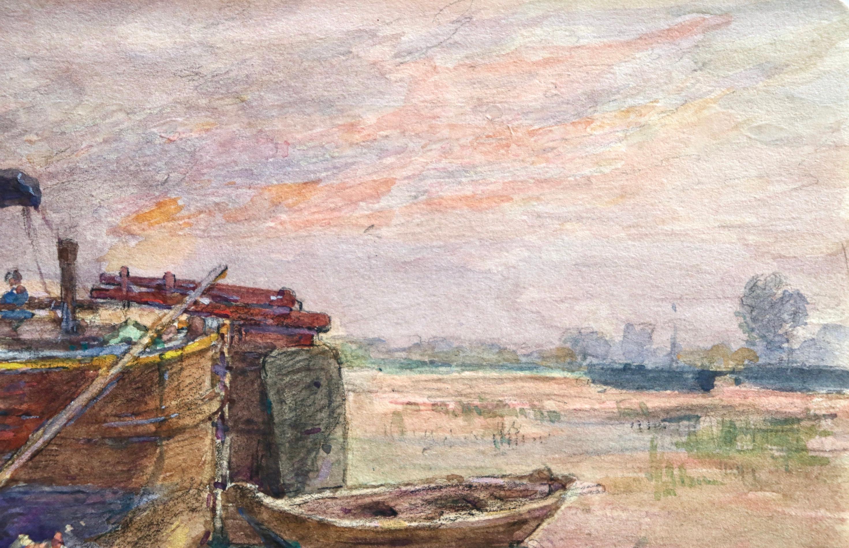 Fishing boat at sunset - Impressionist Watercolour, Boat in Riverscape - H Duhem 2