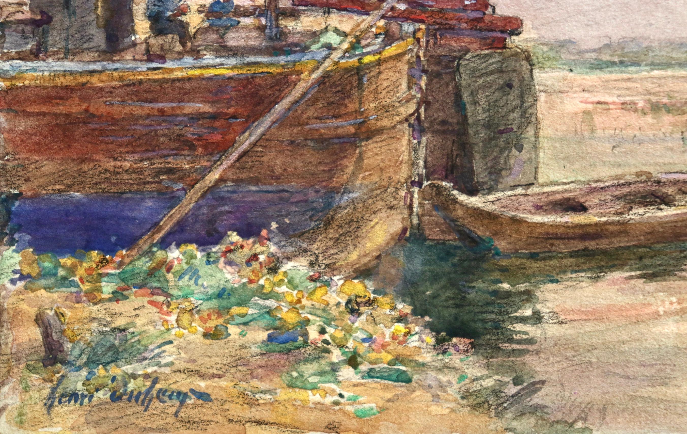 Fishing boat at sunset - Impressionist Watercolour, Boat in Riverscape - H Duhem 3