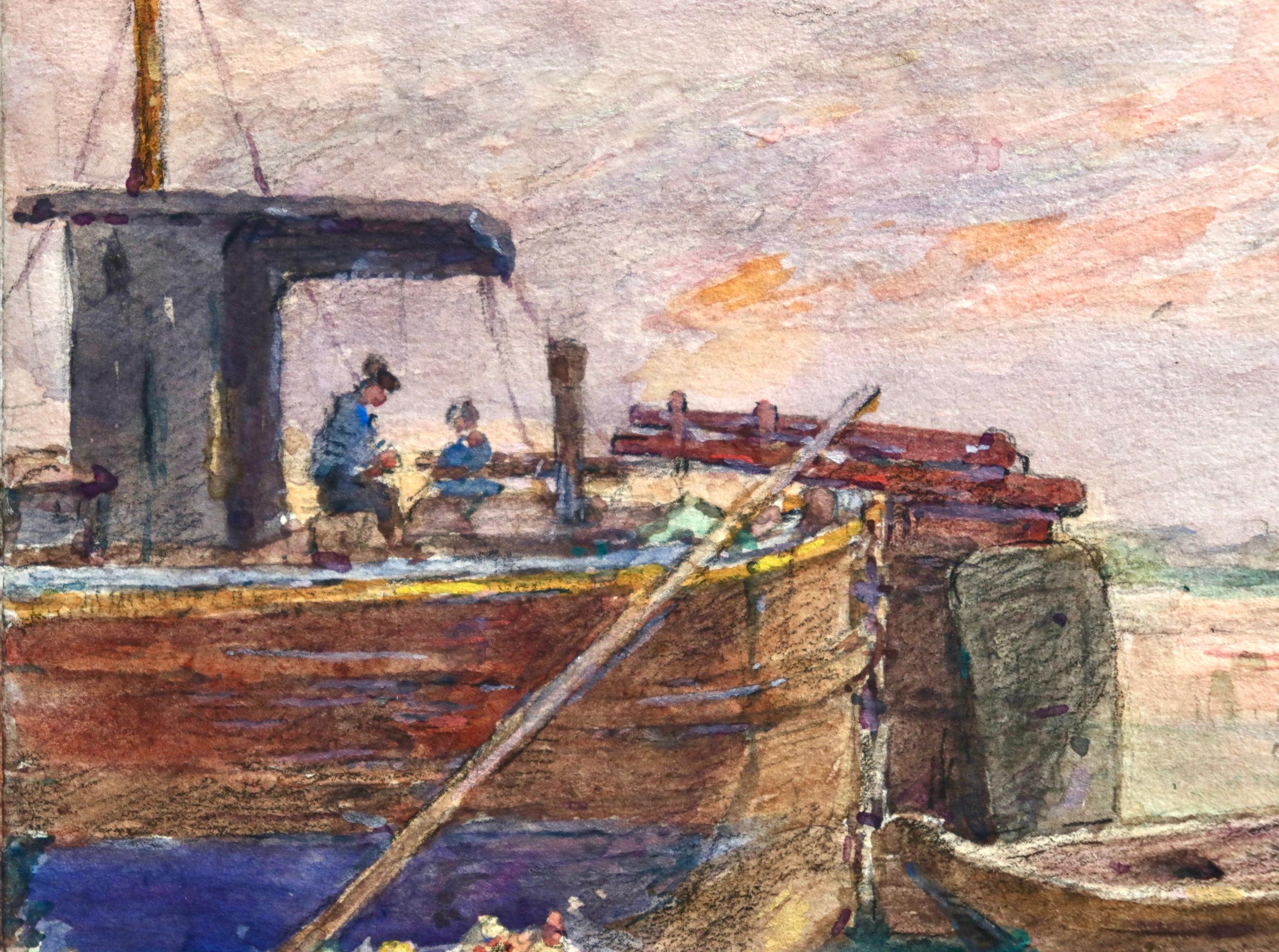 Fishing boat at sunset - Impressionist Watercolour, Boat in Riverscape - H Duhem 4