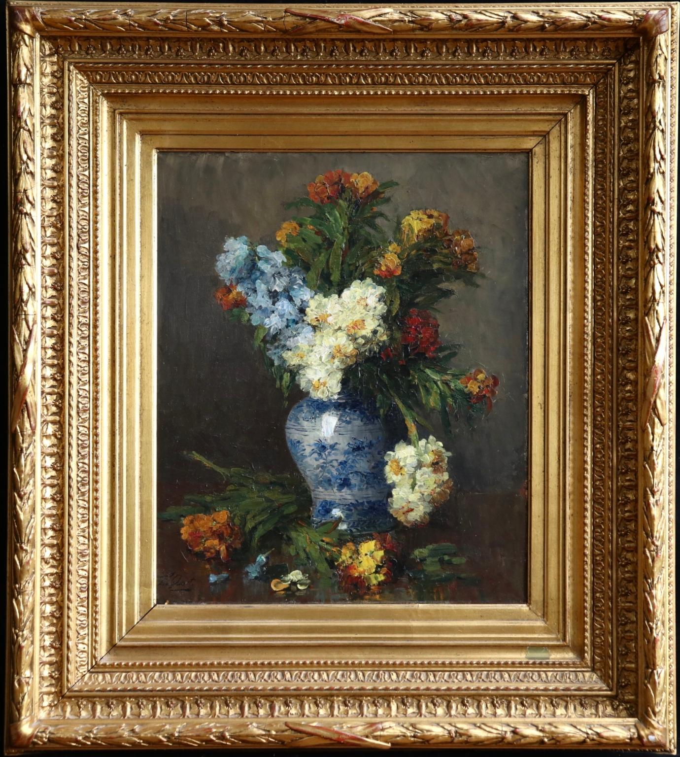 Oil on original canvas by French painter Ernest Quost depicting a blue and white ceramic vase filled with flowers. Signed lower left. Framed dimensions are 29 inches high by 26 inches wide.

This work carries its original Exhibition label