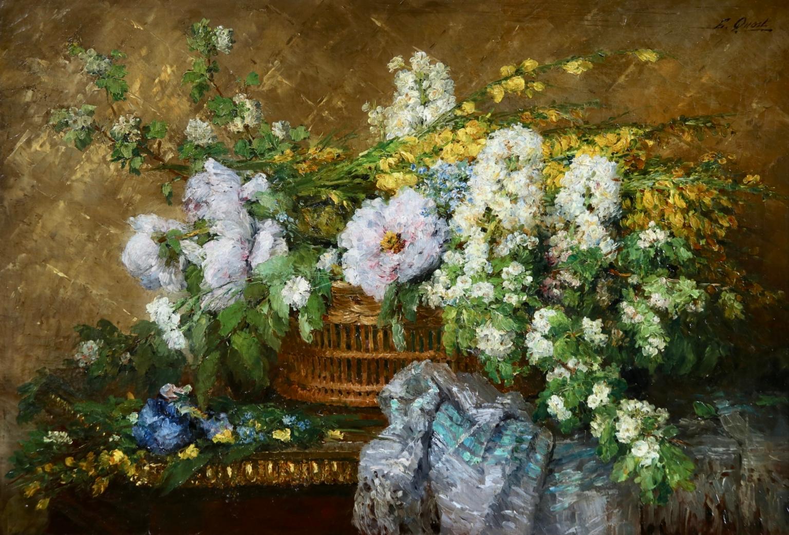 Oil on original canvas by French painter Ernest Quost depicting a basket full of flowers placed on a table. Signed upper right. Framed dimensions are 37 inches high by 50 inches wide. This is an unusually large work by Quost who was much admired by