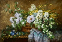 Used Fleurs - Impressionist Oil, Still Life of Flowers in a Basket by Ernest Quost