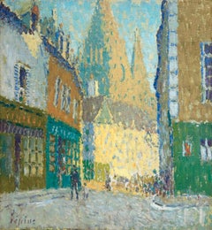 Rue de Vannes - Brittany - Pointillist Oil, Figures in Landscape by J L F Lepine