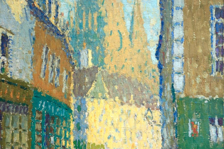 A wonderful pointillist oil on board by French painter Joseph Louis Francois Lepine depicting figures in a street - Rue de Vannes - in Brittany, surrounded by the town's tall buildings and a church in the distance. Signed lower left and again