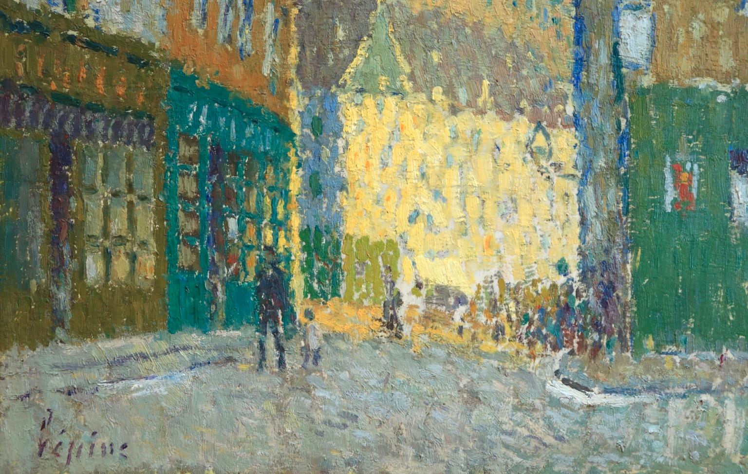 Rue de Vannes - Brittany - Pointillist Oil, Figures in Landscape by J L F Lepine - Brown Landscape Painting by Joseph Louis Francois Lepine