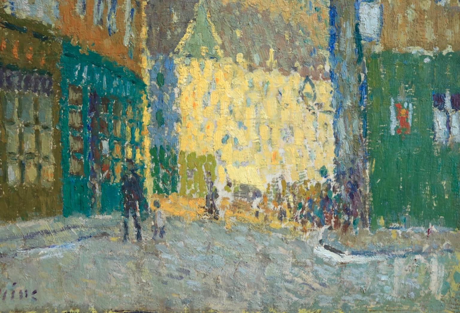 A wonderful pointillist oil on board by French painter Joseph Louis Francois Lepine depicting figures in a street - Rue de Vannes - in Brittany, surrounded by the town's tall buildings and a church in the distance. Signed lower left and again