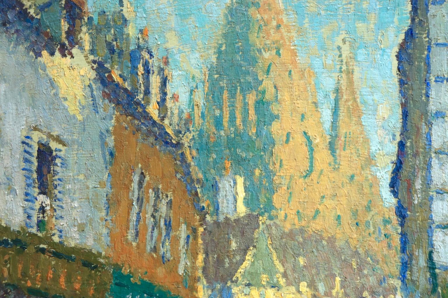 Rue de Vannes - Brittany - Pointillist Oil, Figures in Landscape by J L F Lepine 1