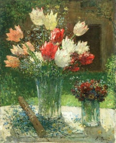 Fleurs et Flute - Impressionistisches Ölgemälde:: Stillleben mit Blumen von Ernest Quost