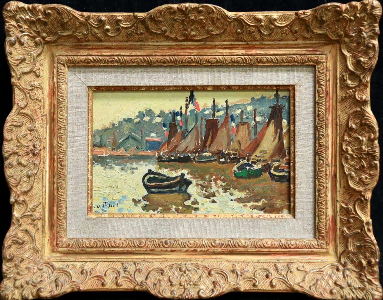 Honfleur - Post Impressionist Oil, Boats in Seascape by Henri de Saint-Delis - Painting by Henri Liénard de Saint-Délis
