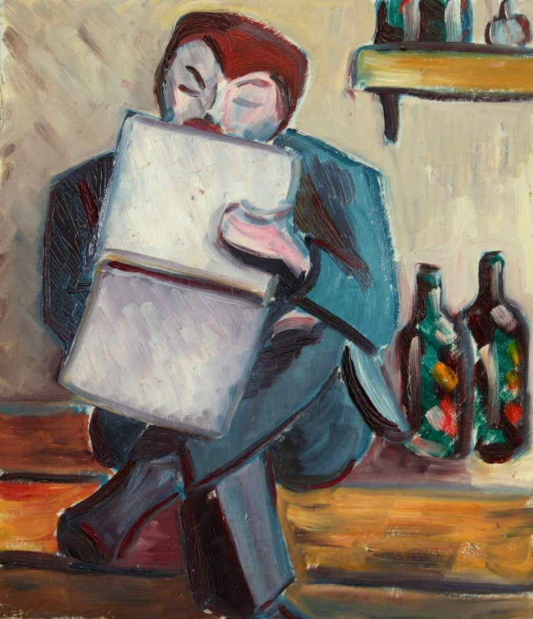 A wonderful oil on board circa 1930 by French cubist painter Lois Hutton depicting a a man sketching as he sits on a wooden table beside two glass bottles. 

Dimensions:
Framed: 18"x16"
Unframed: 11"x9"

Provenance:
The collection of the artist's