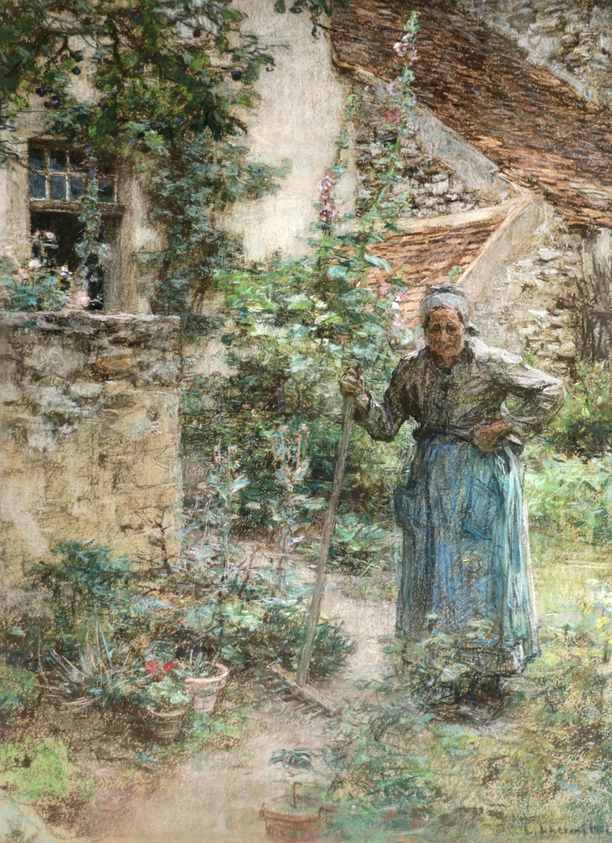 Léon Augustin Lhermitte Figurative Art - Marie Drax in her Garden - Barbizon Pastel, Figure in Landscape - Leon Lhermitte