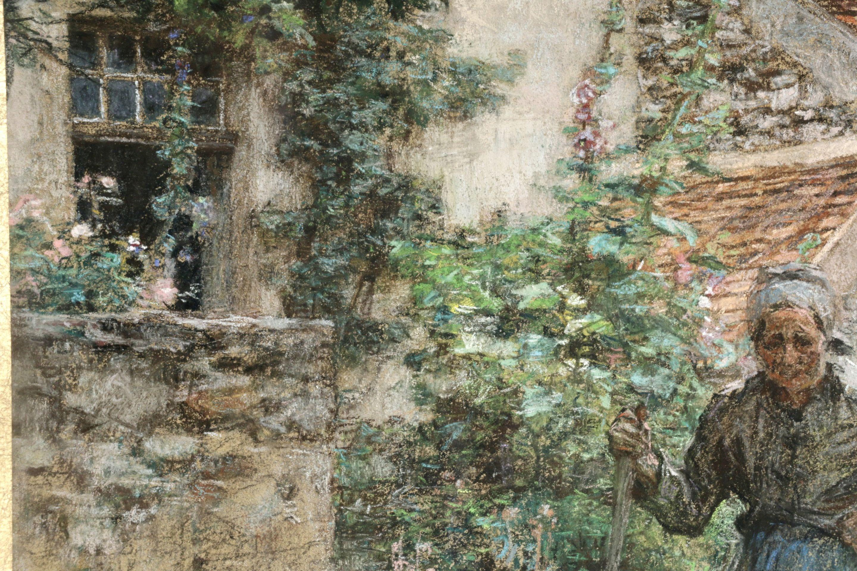 Marie Drax in her Garden - Barbizon Pastel, Figure in Landscape - Leon Lhermitte - Art by Léon Augustin Lhermitte