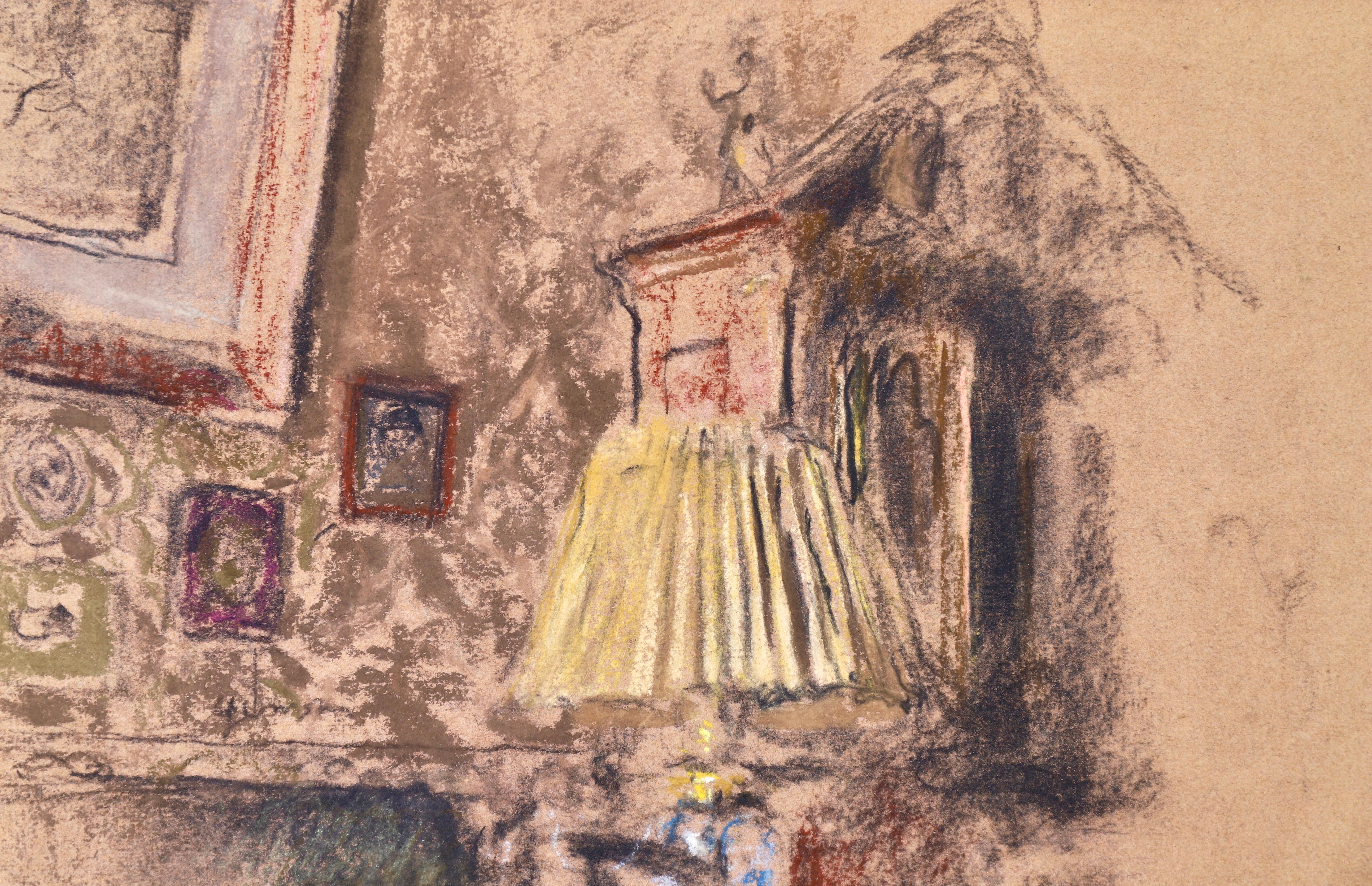 A wonderful pastel on board by French Nabis painter Edouard Vuillard depicting an interior scene with a yellow lamp amongst several other trinkets on a table and paintings and a cupboard on the wall behind. This piece is a study for the portrait of