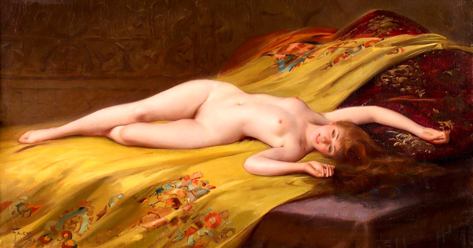Seduction - Orientalist Oil, Nude Female Figure in Interior by Luis Falero - Painting by Luis Ricardo Falero