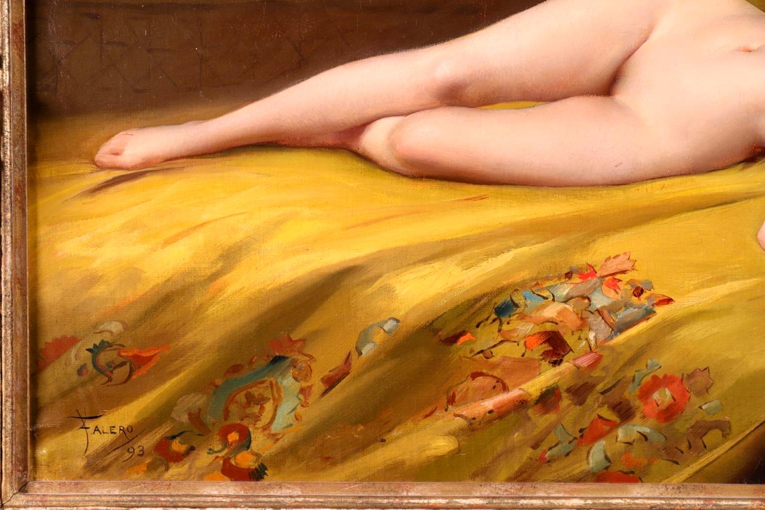 Seduction - Orientalist Oil, Nude Female Figure in Interior by Luis Falero - Orange Nude Painting by Luis Ricardo Falero