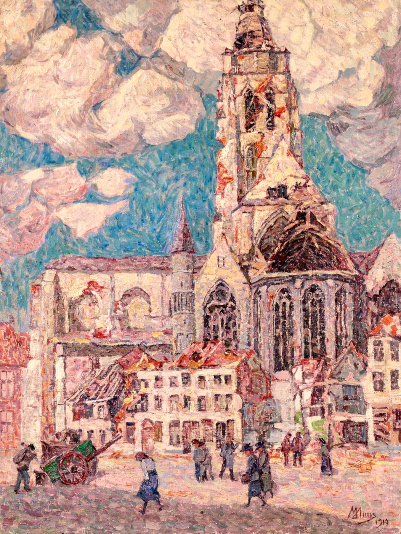 A beautifully painted Post-Impressionist oil on canvas by by Belgian painter Modest Huys. The painting depicts figures in a street scene in front a church with thick white and grey clouds in the sky. The work shows the bomb damaged buildings of