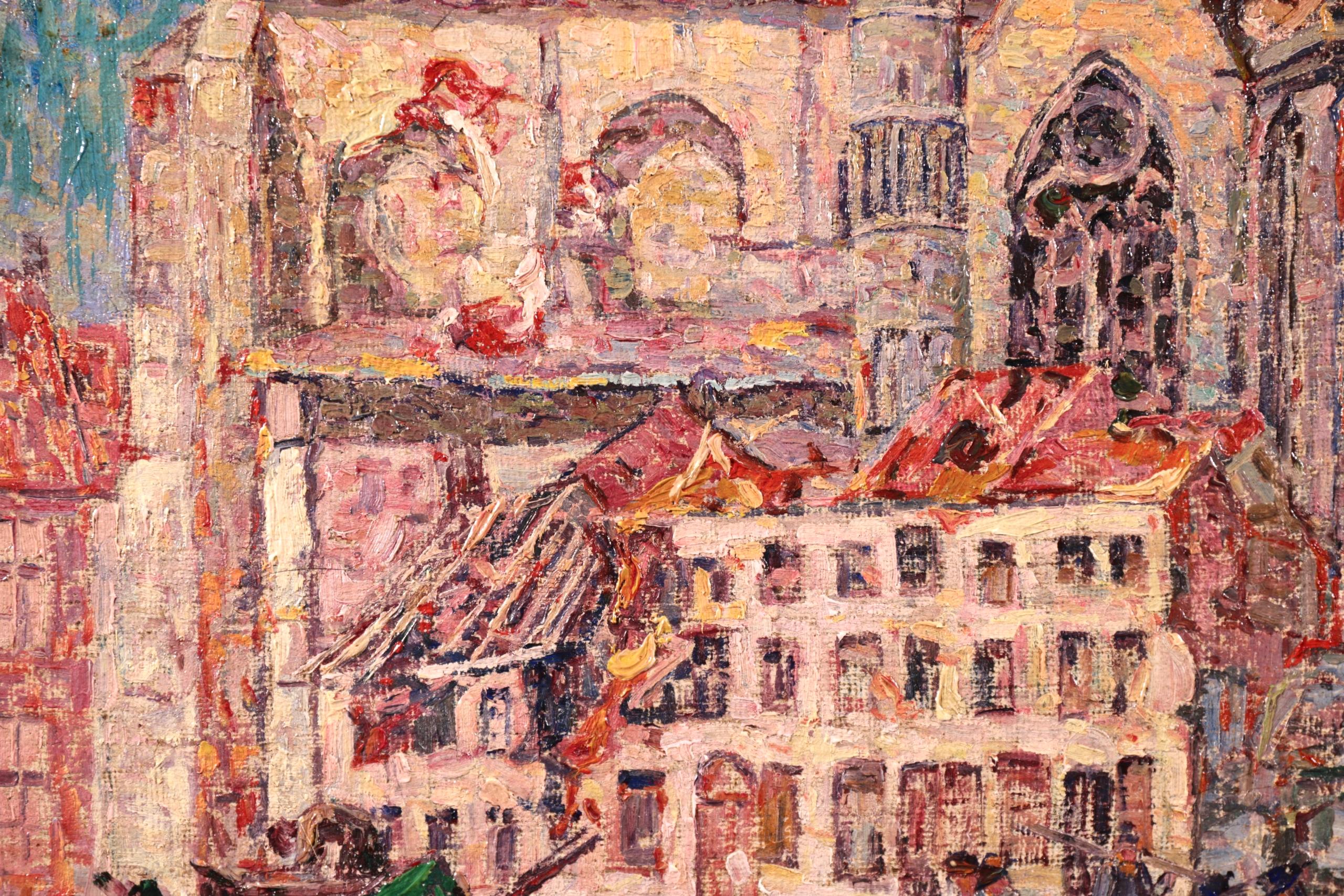 La Tour Blessée, Oudenaarde - 20th Century Oil, Figures Cityscape by Modest Huys 7