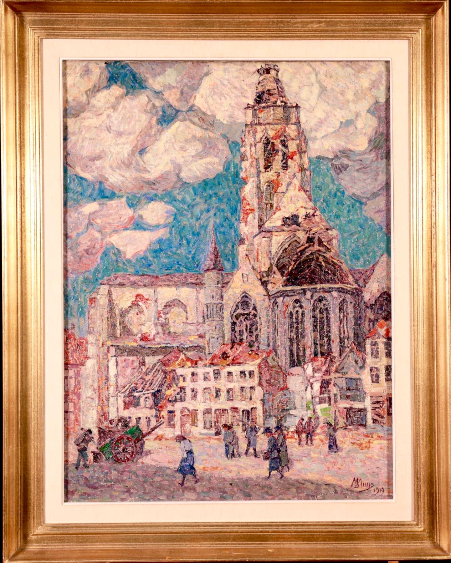 La Tour Blessée, Oudenaarde - 20th Century Oil, Figures Cityscape by Modest Huys 1