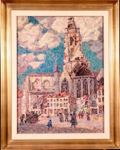 La Tour Blessée, Oudenaarde - 20th Century Oil, Figures Cityscape by Modest Huys
