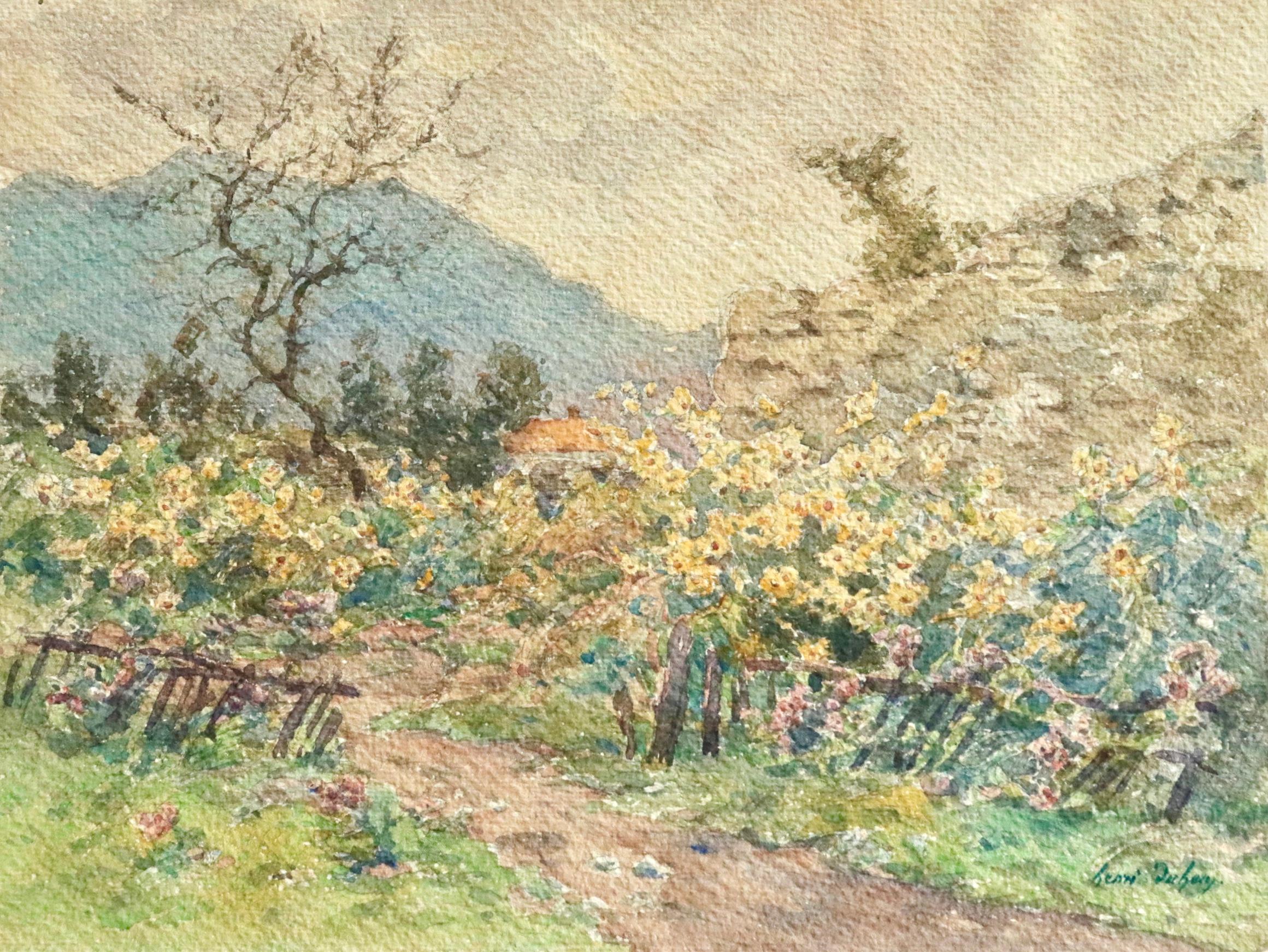 Henri Duhem Landscape Art – Fleurs d'automne - Impressionistisches Aquarell, Blumen-Herbstlandschaft von H Duhem