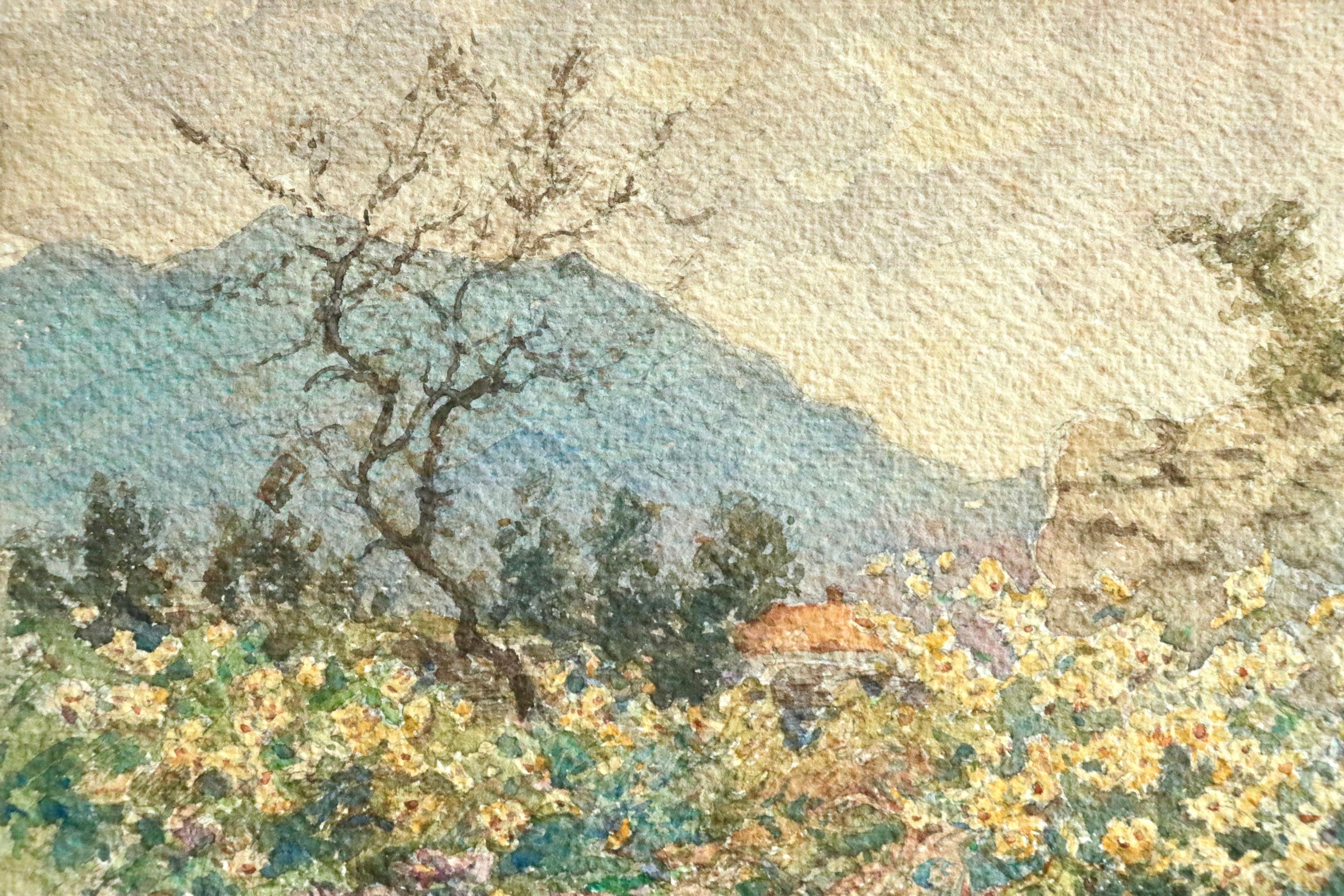 Ein wunderschönes Aquarell auf Papier von Henri Duhem um 1910, das eine herbstliche Landschaft zeigt - mit einem Weg, der sich durch zerbrochene Zäune schlängelt, gelben Blumen und einem kahlen Baum, mit einer Hütte in der Ferne und einem Blick auf