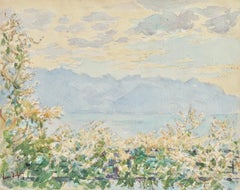 La Vue - Lac Geneva -Impressionist Watercolor, Mountain & Lake Landscape H Duhem