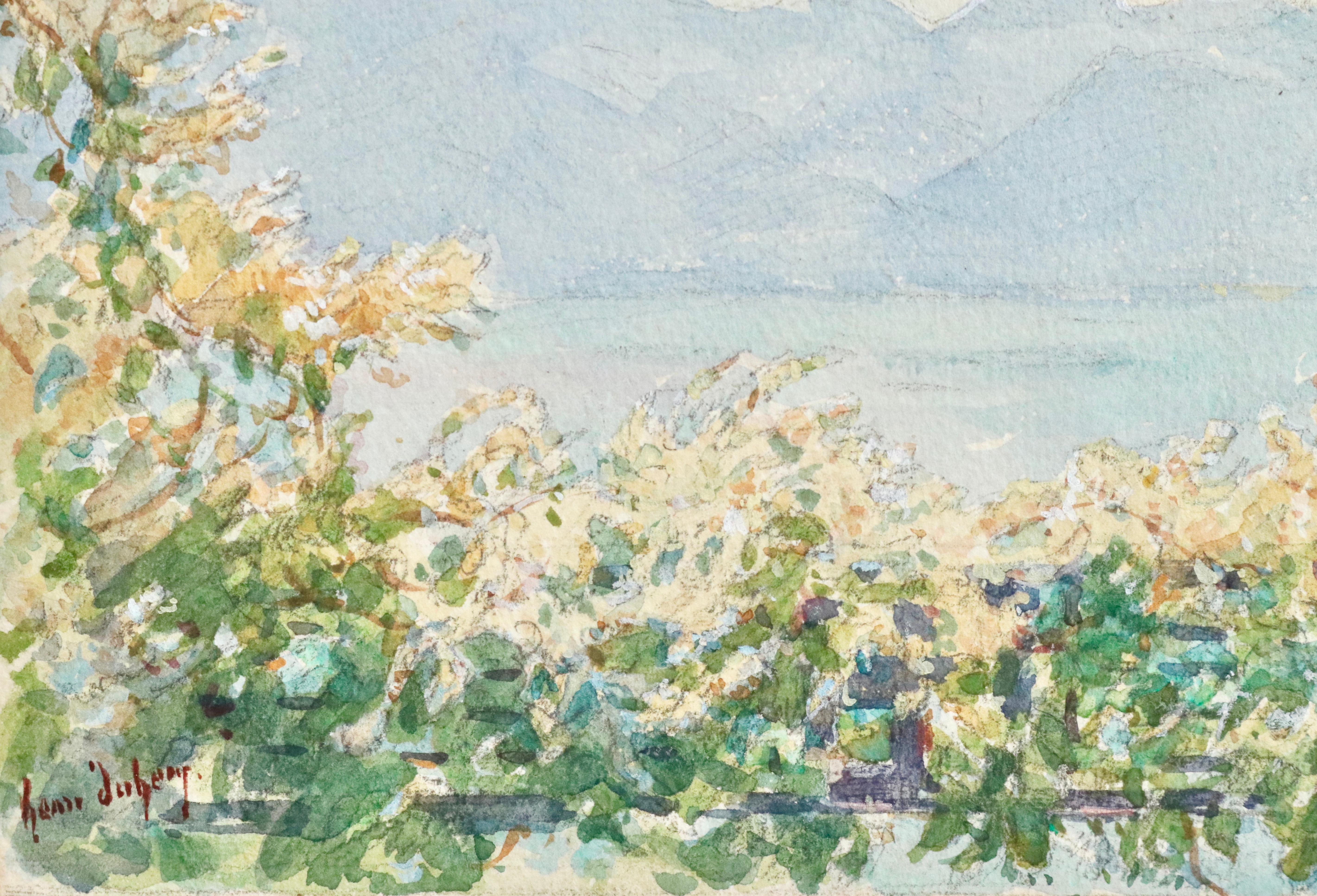La Vue - Lac Geneva -Impressionist Watercolor, Mountain & Lake Landscape H Duhem - Beige Landscape Art by Henri Duhem