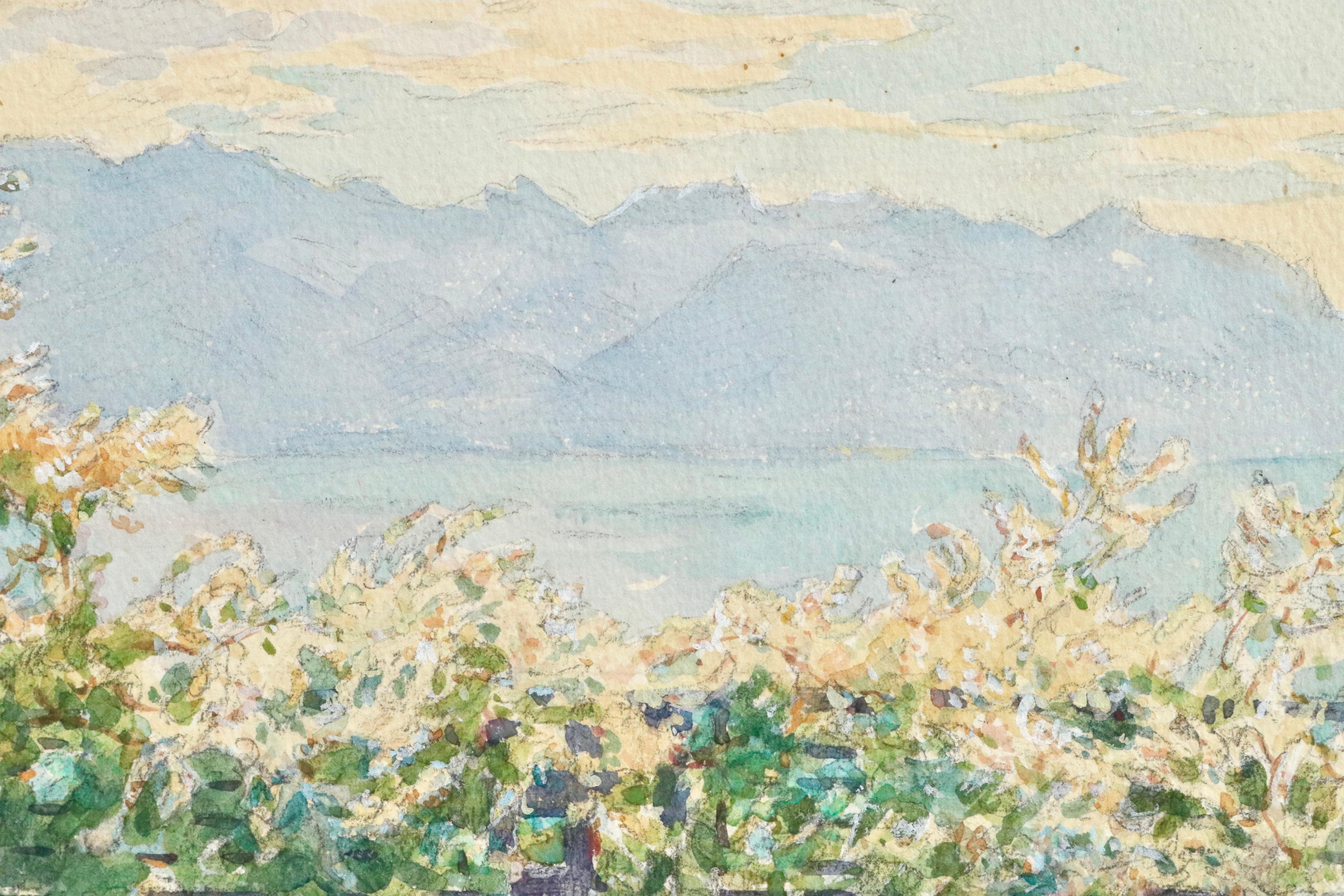 A beautiful watercolour on paper circa 1919 by French impressionist painter Henri Duhem depicting a view of Lake Geneva in Montreux, Switzerland with the mountains beyond. 

Signature:
Signed lower right 

Dimensions:
Unframed: 7