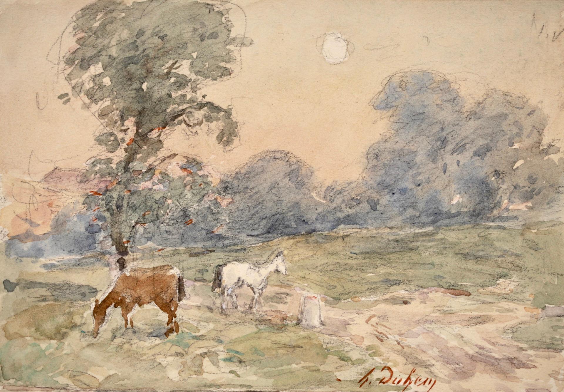 A beautiful watercolour on paper circa 1920 by French impressionist painter Henri Duhem. The piece depicts a white and a brown horse grazing in a meadow. The sky beyond the row of green trees glows pink as the light fades and the sun