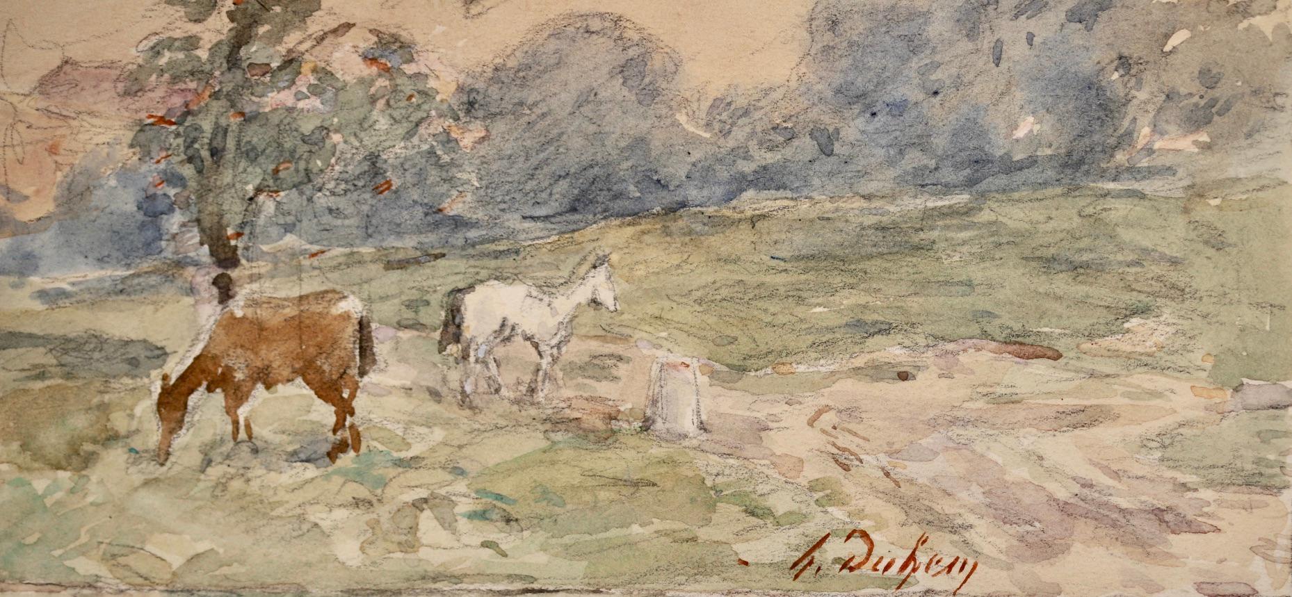 Chevaux broutant - Impressionist Watercolor, Horses in Landscape by Henri Duhem 1