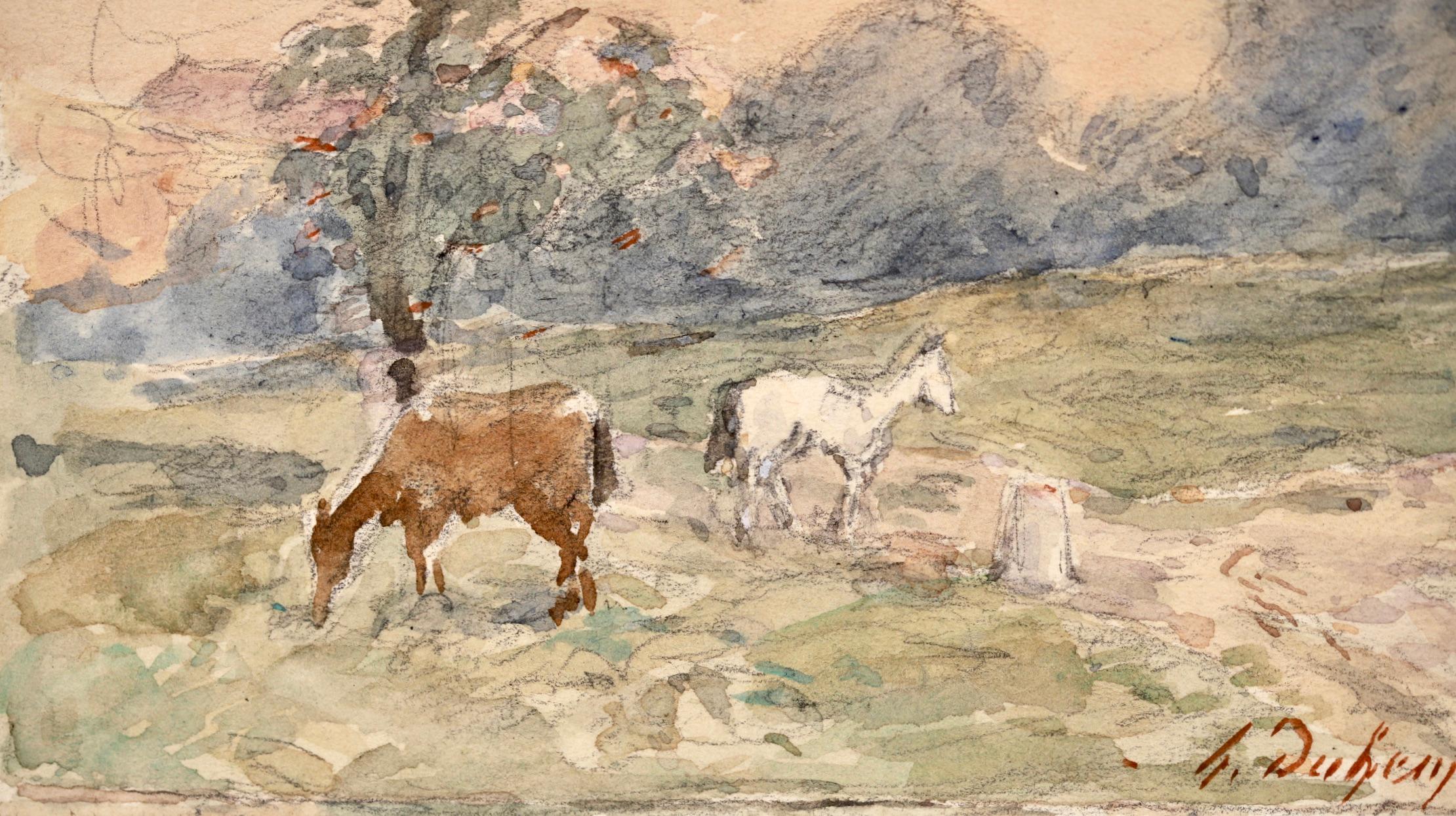 Chevaux broutant - Impressionist Watercolor, Horses in Landscape by Henri Duhem 2