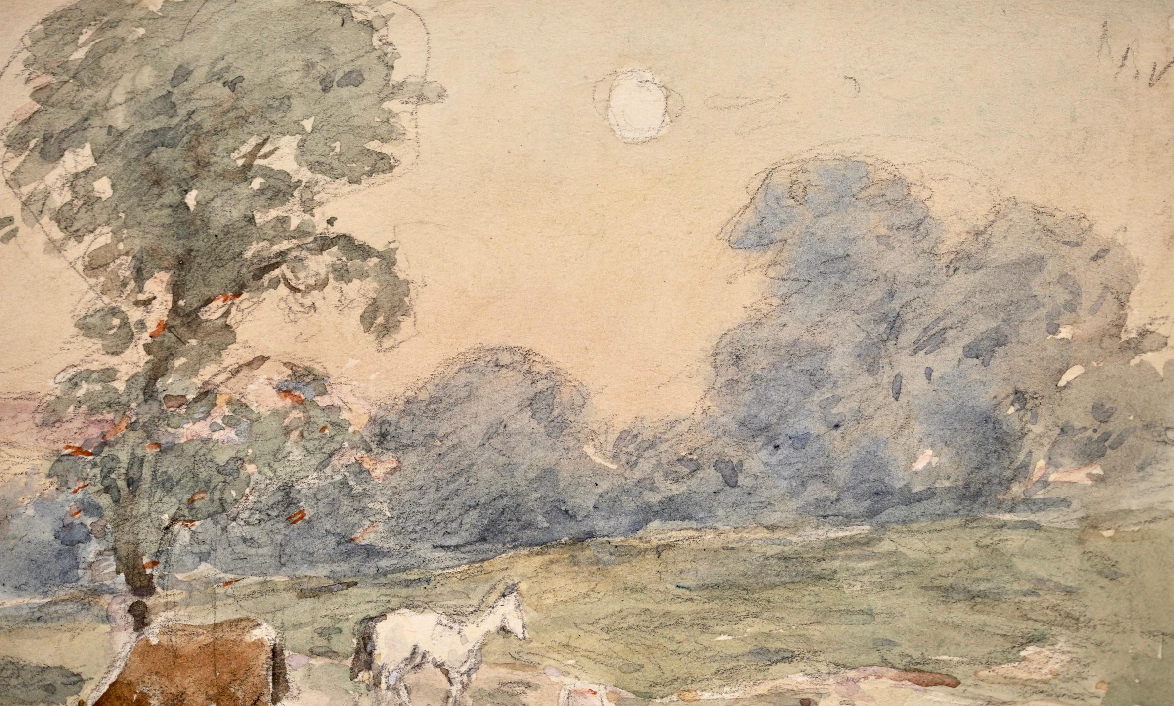 Chevaux broutant - Impressionist Watercolor, Horses in Landscape by Henri Duhem 3
