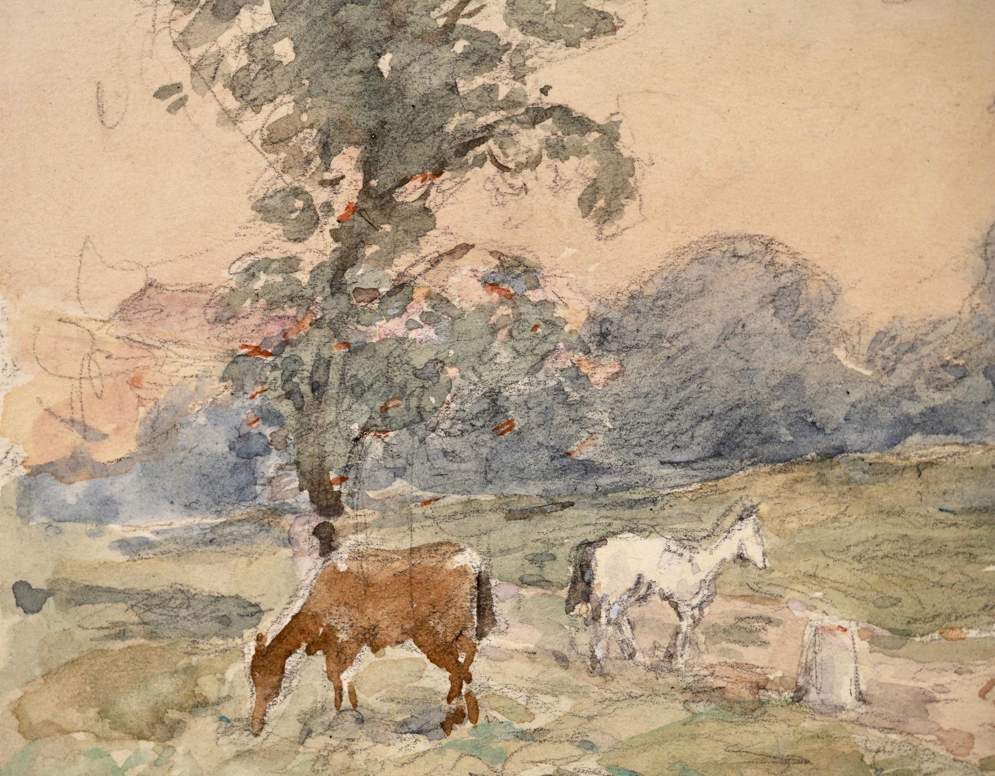 Chevaux broutant - Impressionist Watercolor, Horses in Landscape by Henri Duhem 4