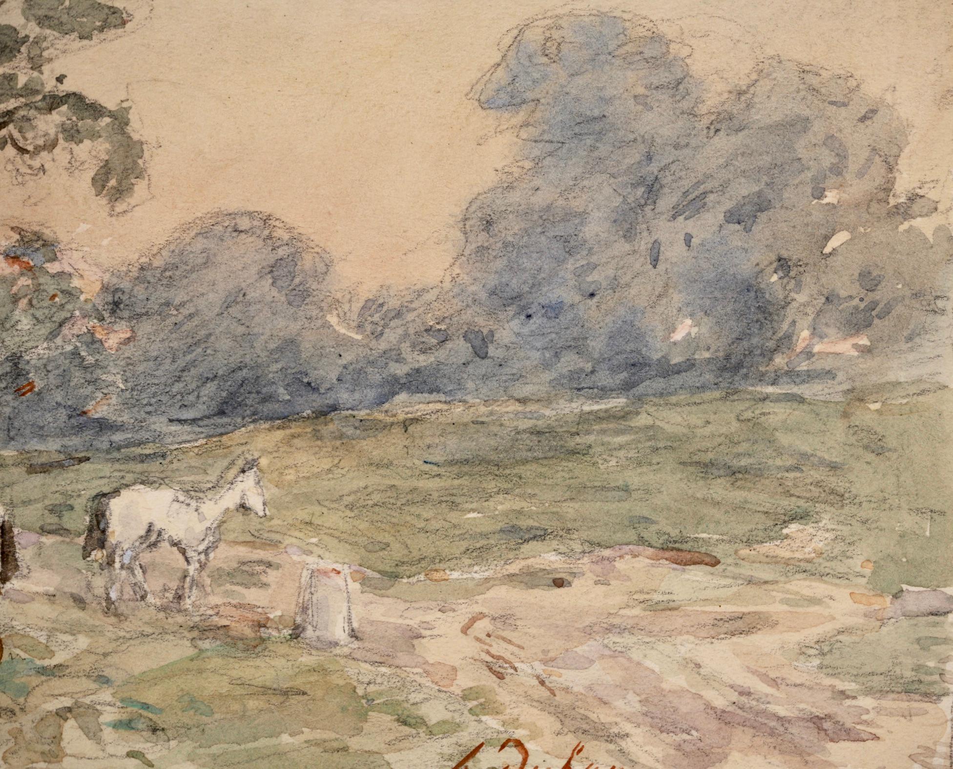 Chevaux broutant - Impressionist Watercolor, Horses in Landscape by Henri Duhem 5