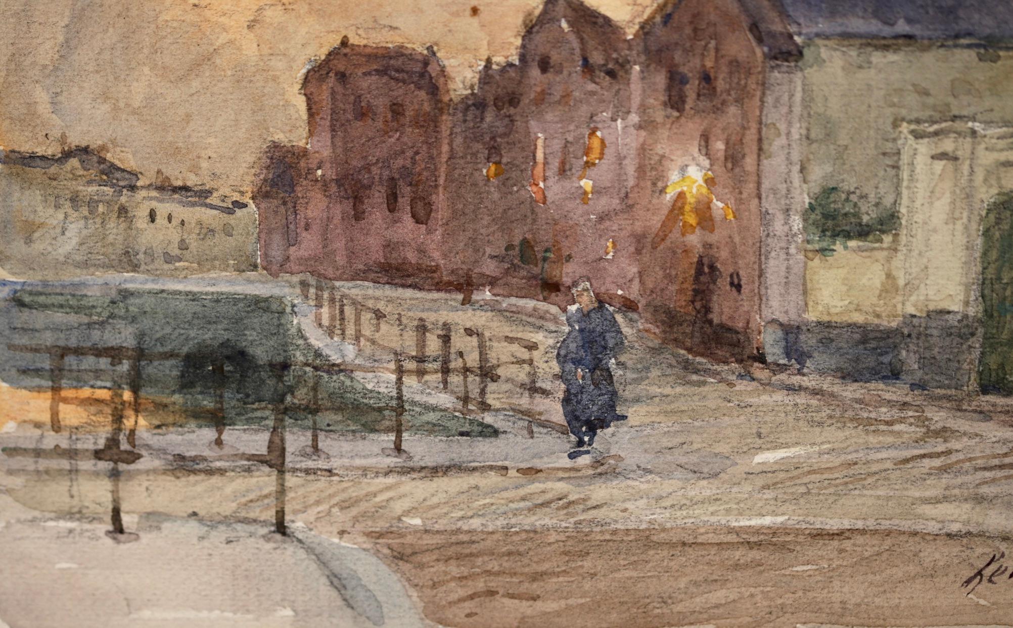 By the canal - Impressionist Watercolor, Figure in Town Landscape by Henri Duhem For Sale 1
