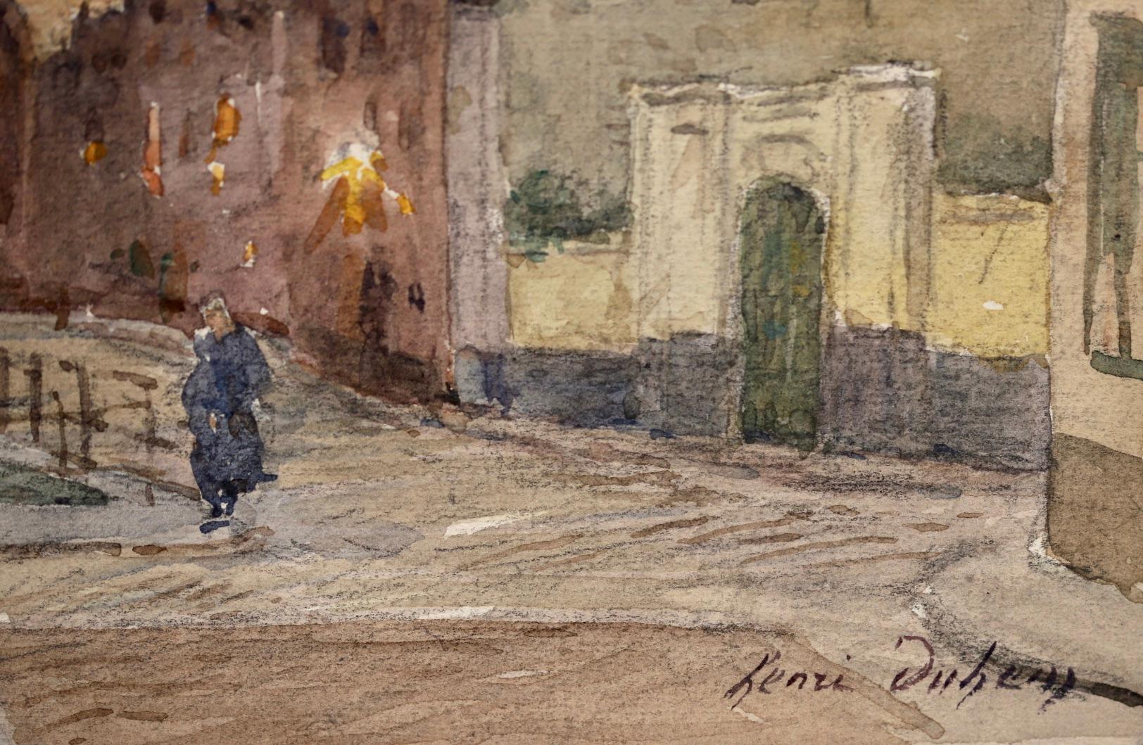 By the canal - Impressionist Watercolor, Figure in Town Landscape by Henri Duhem For Sale 2