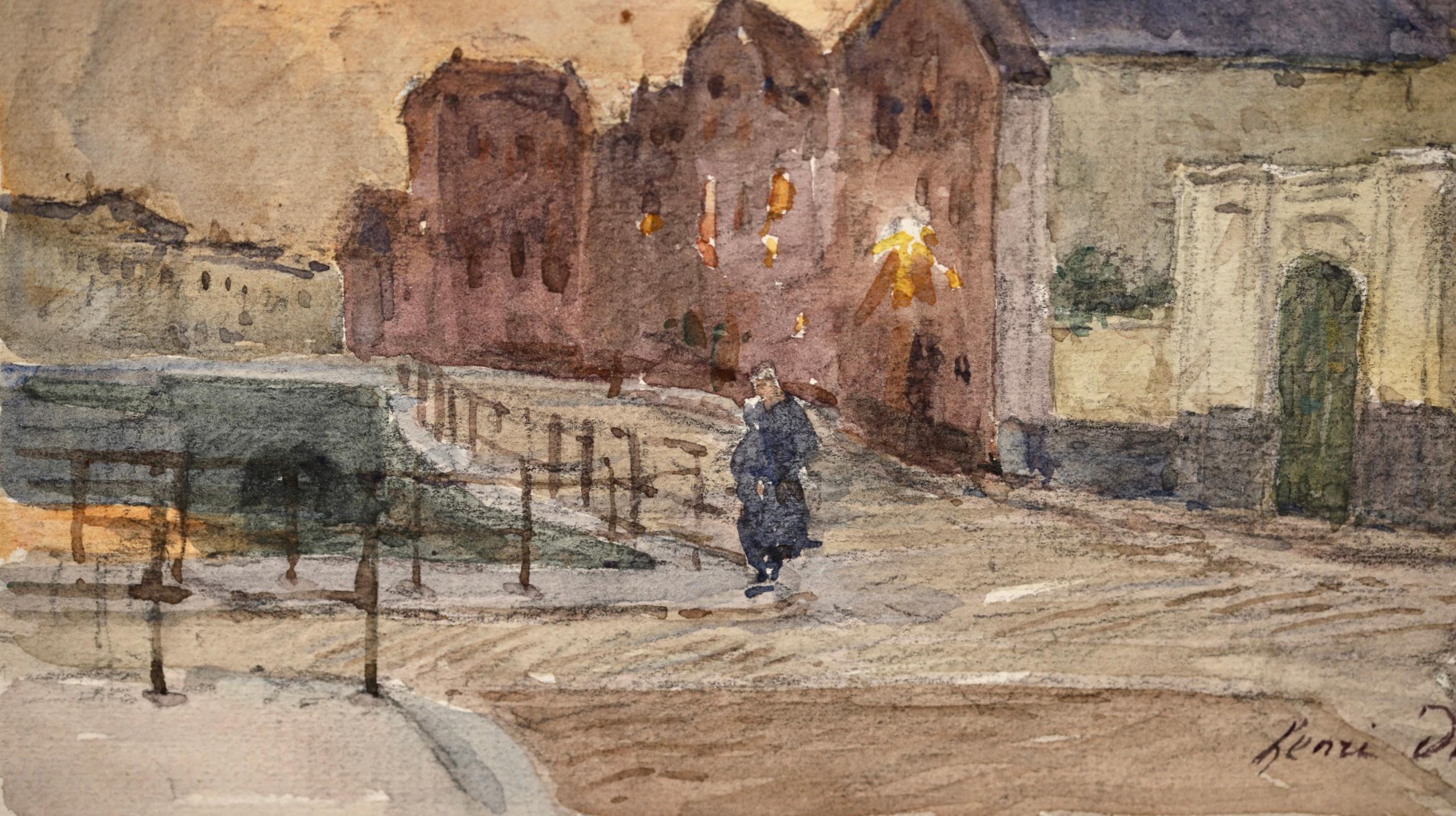 By the canal - Impressionist Watercolor, Figure in Town Landscape by Henri Duhem For Sale 3