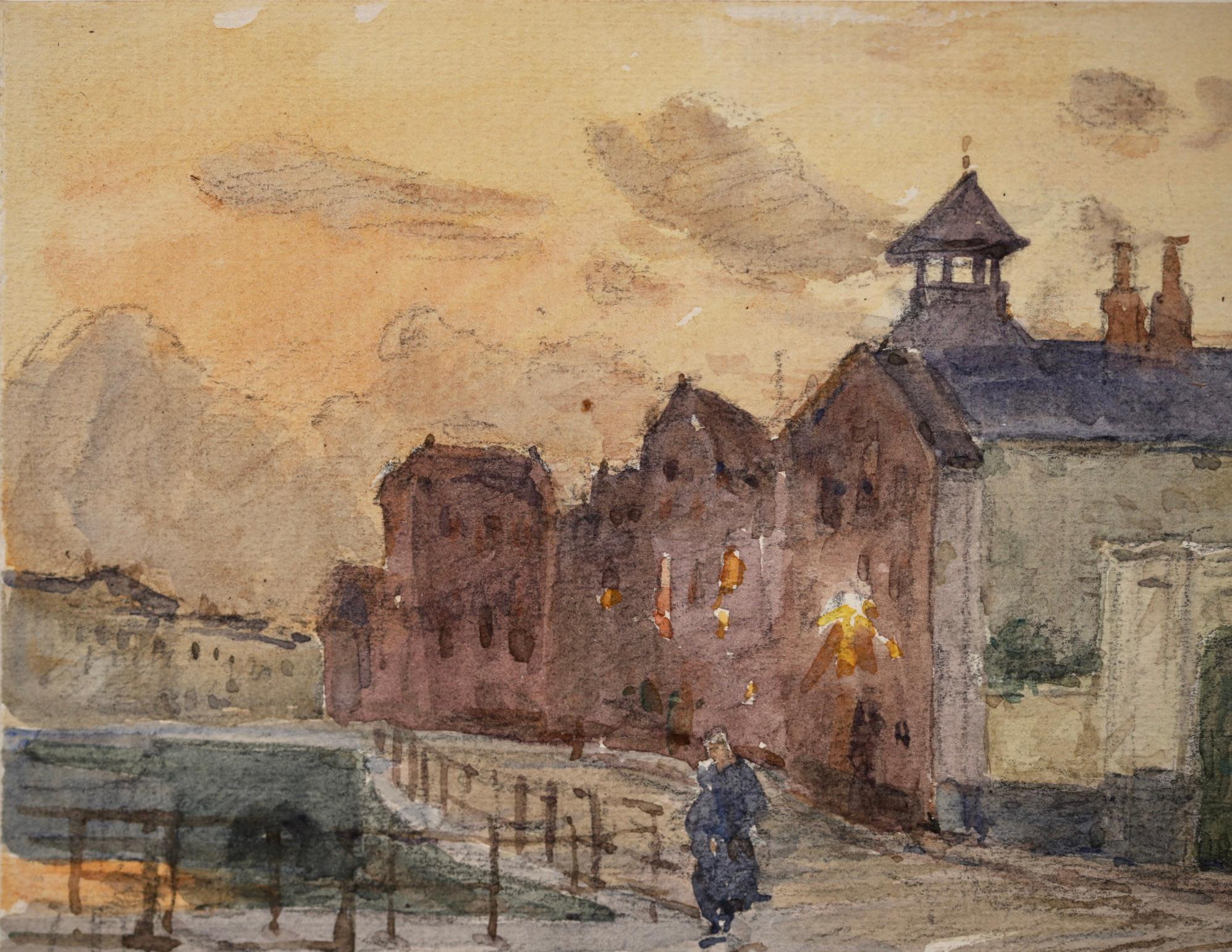 By the canal - Impressionist Watercolor, Figure in Town Landscape by Henri Duhem For Sale 5