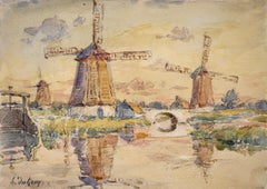 Trois Moulins - Impressionist Watercolor, Windmills in Landscape by Henri Duhem