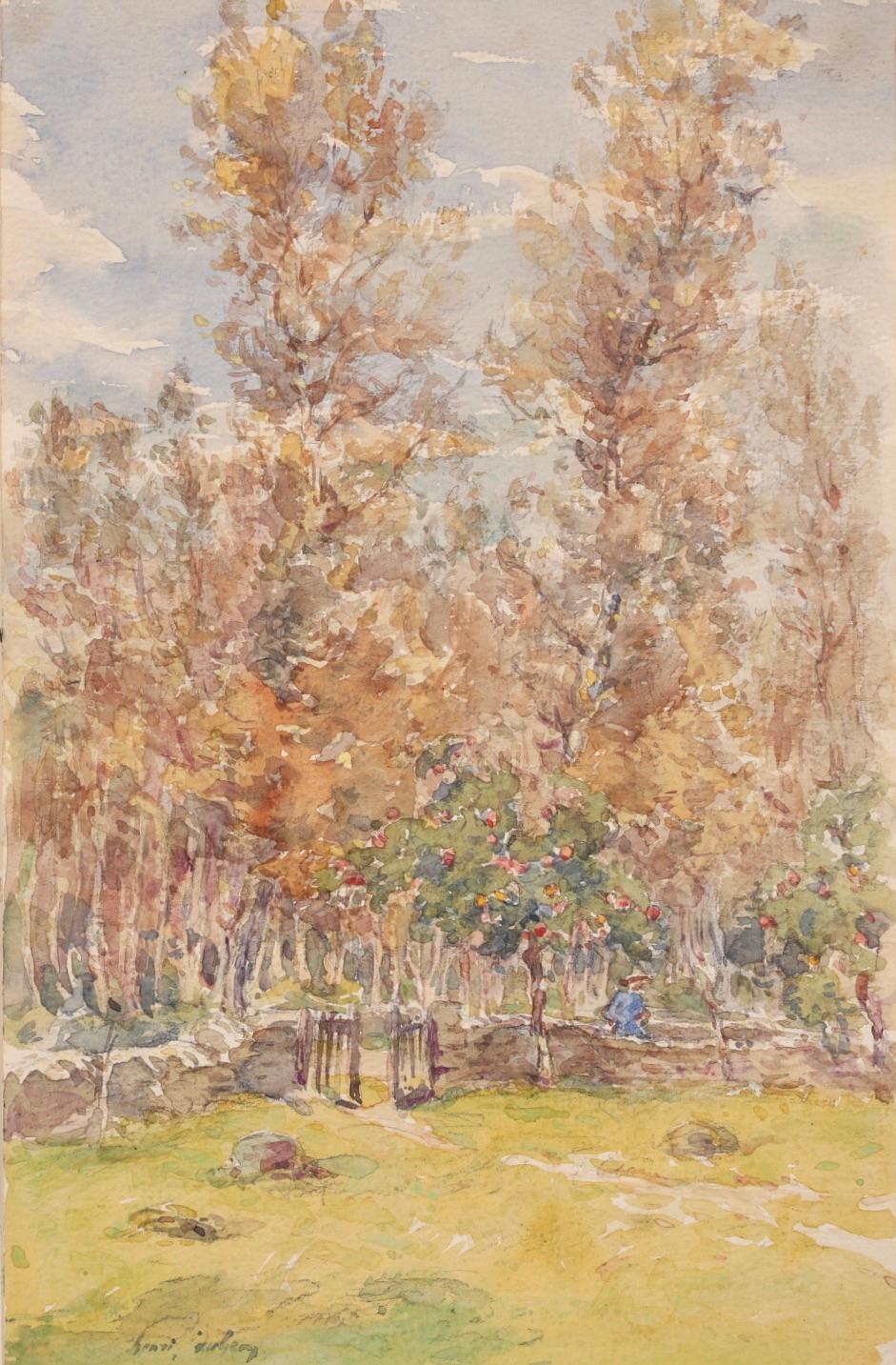 In the Orchard - Impressionistisches Aquarell, Figur in Landschaft von Henri Duhem