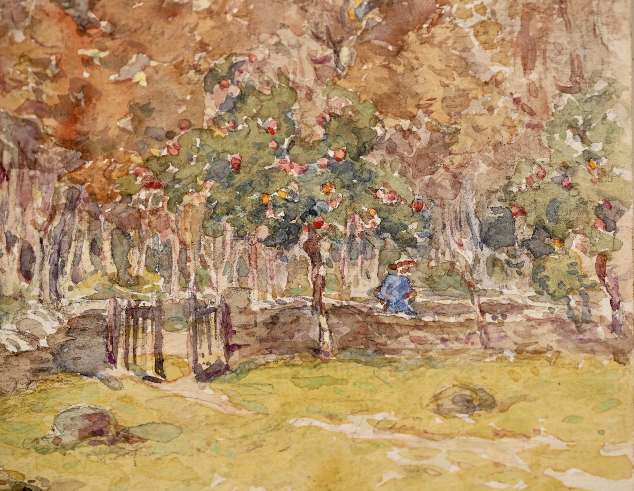 A beautiful and delicate watercolour on paper circa 1910 by French impressionist painter Henri Duhem. The work depicts a woman in a blue dress in an orchard in autumn. The trees in the foreground are covered in red fruits and the leaves on the trees