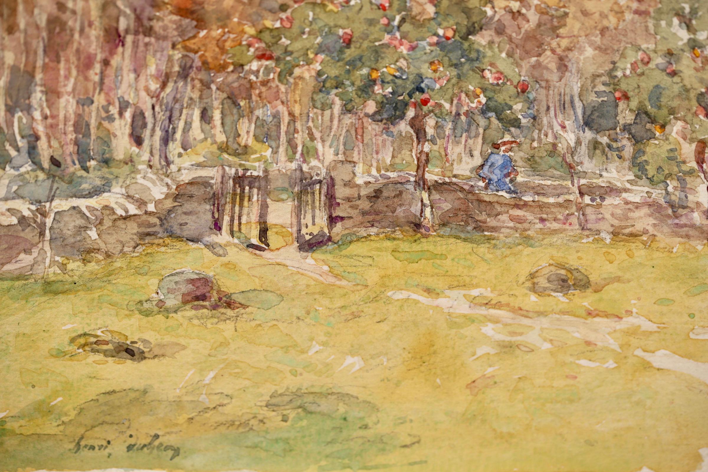 In the Orchard - Impressionist Watercolor, Figure in Landscape by Henri Duhem For Sale 2