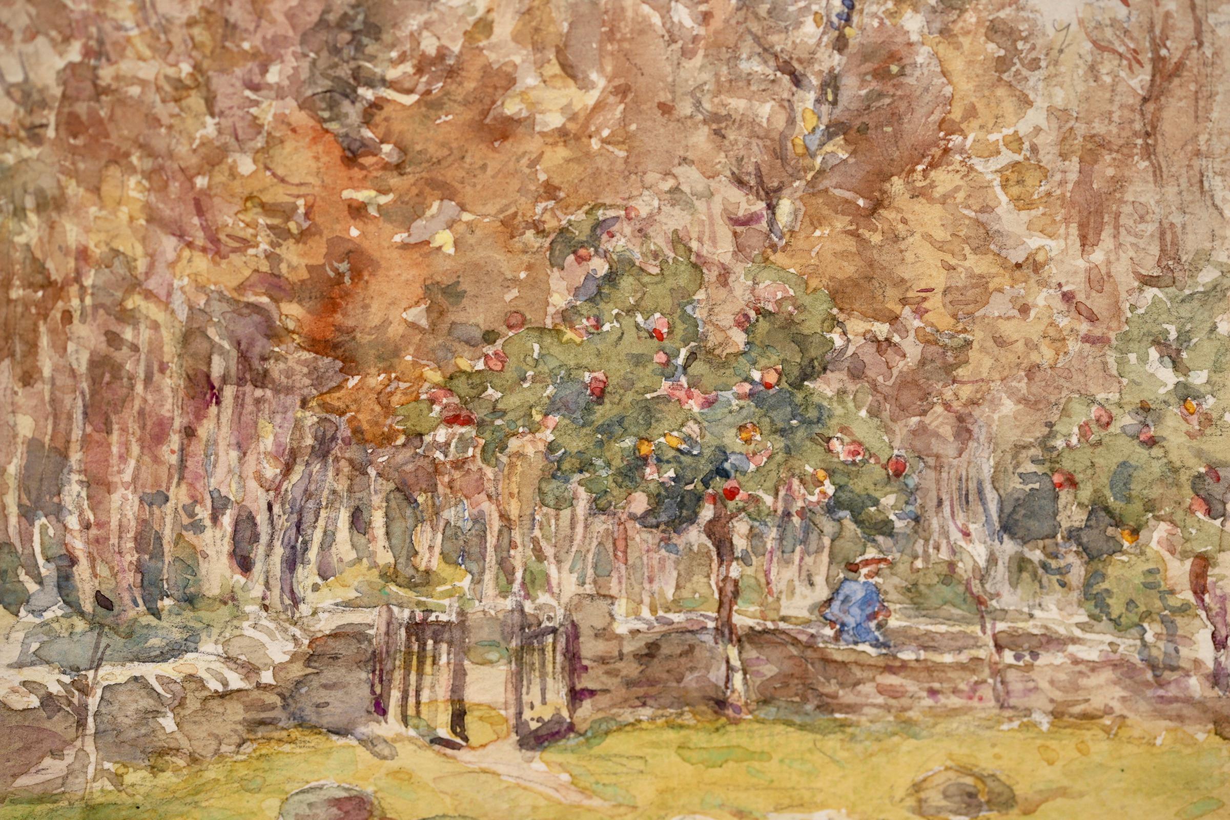 In the Orchard - Impressionist Watercolor, Figure in Landscape by Henri Duhem For Sale 3